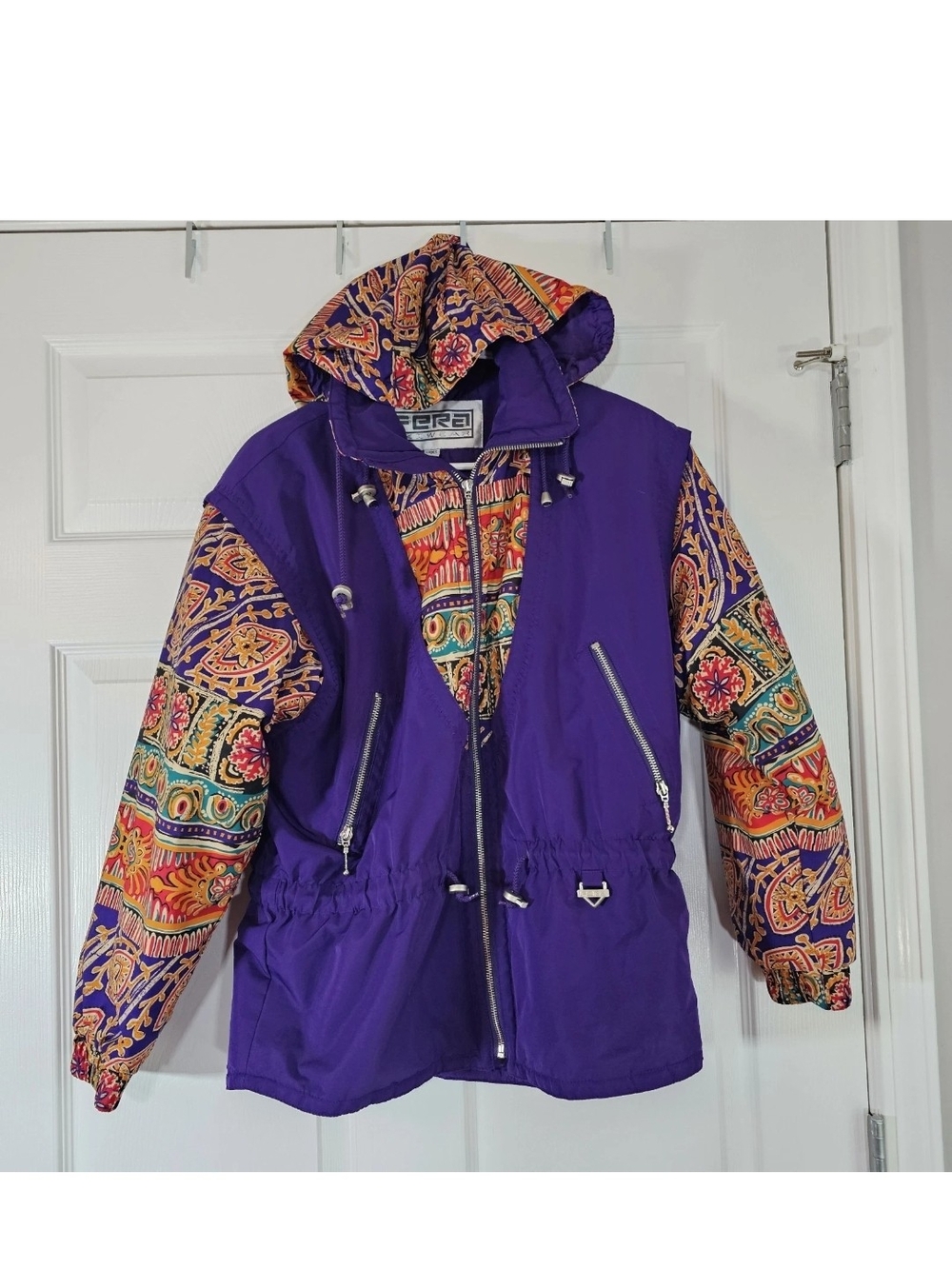 VTG Fera Skiwear Jacket Purple Colorful Womens 8 Geometric Print 80s 90s Retro
